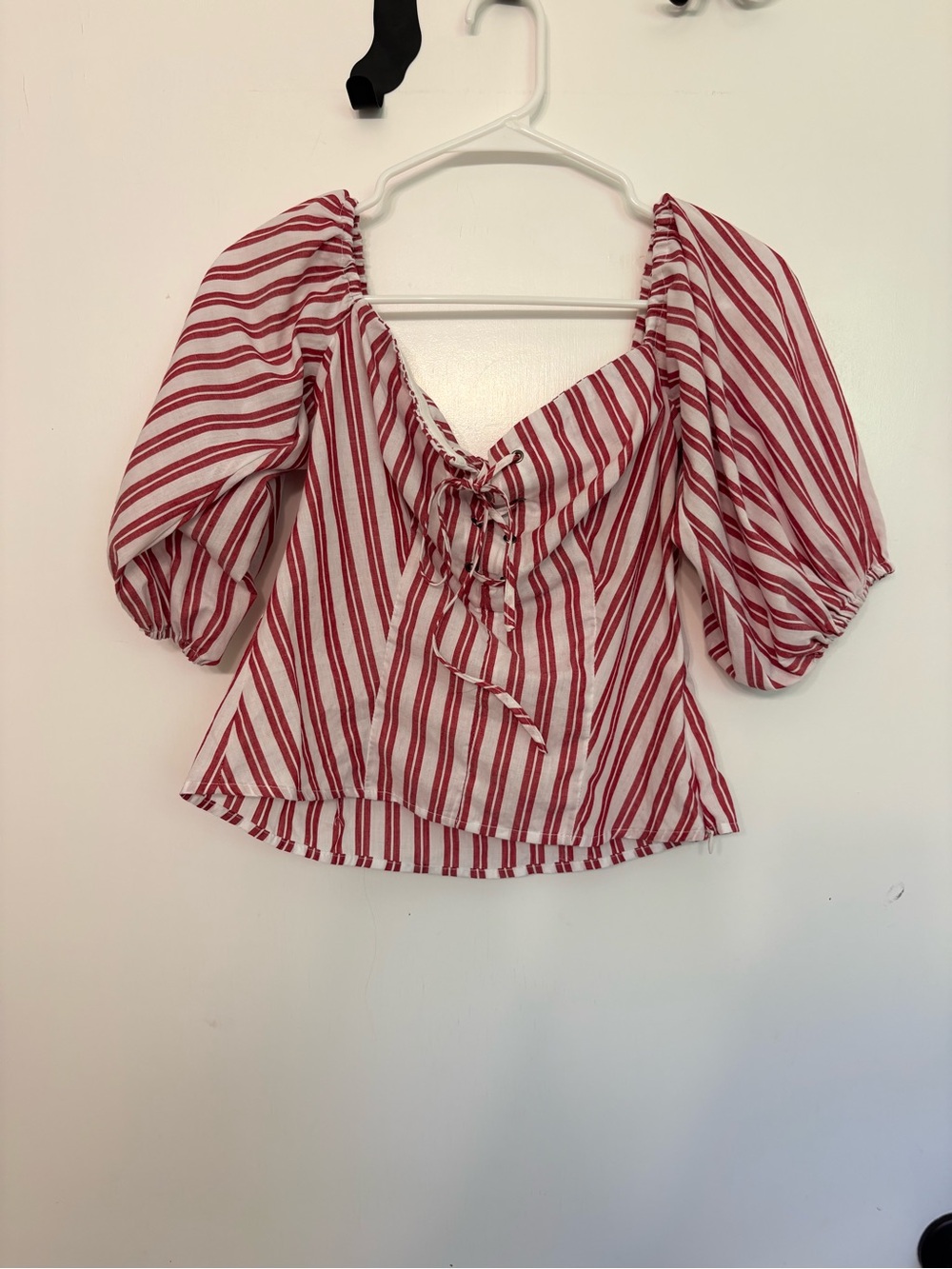 Women’s Medium Poplin Babydoll Top Red Stripe Lace Up Corset Puff Sleeve Summer